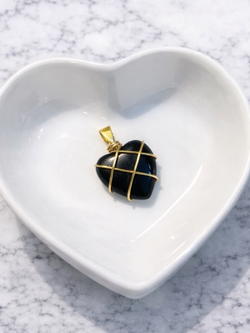 Black Heart Pendant Gold tone Wire Wrapped Necklace Charm Boho Minimalist